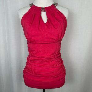 WHBM Sleeveless Halter Top Women XS Pink Longline Beading Ruching Glam‎ Mob Wife